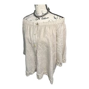 Belle France Elegant Cream Linen & Lace Off-Shoulder Button up Women's Blouse M